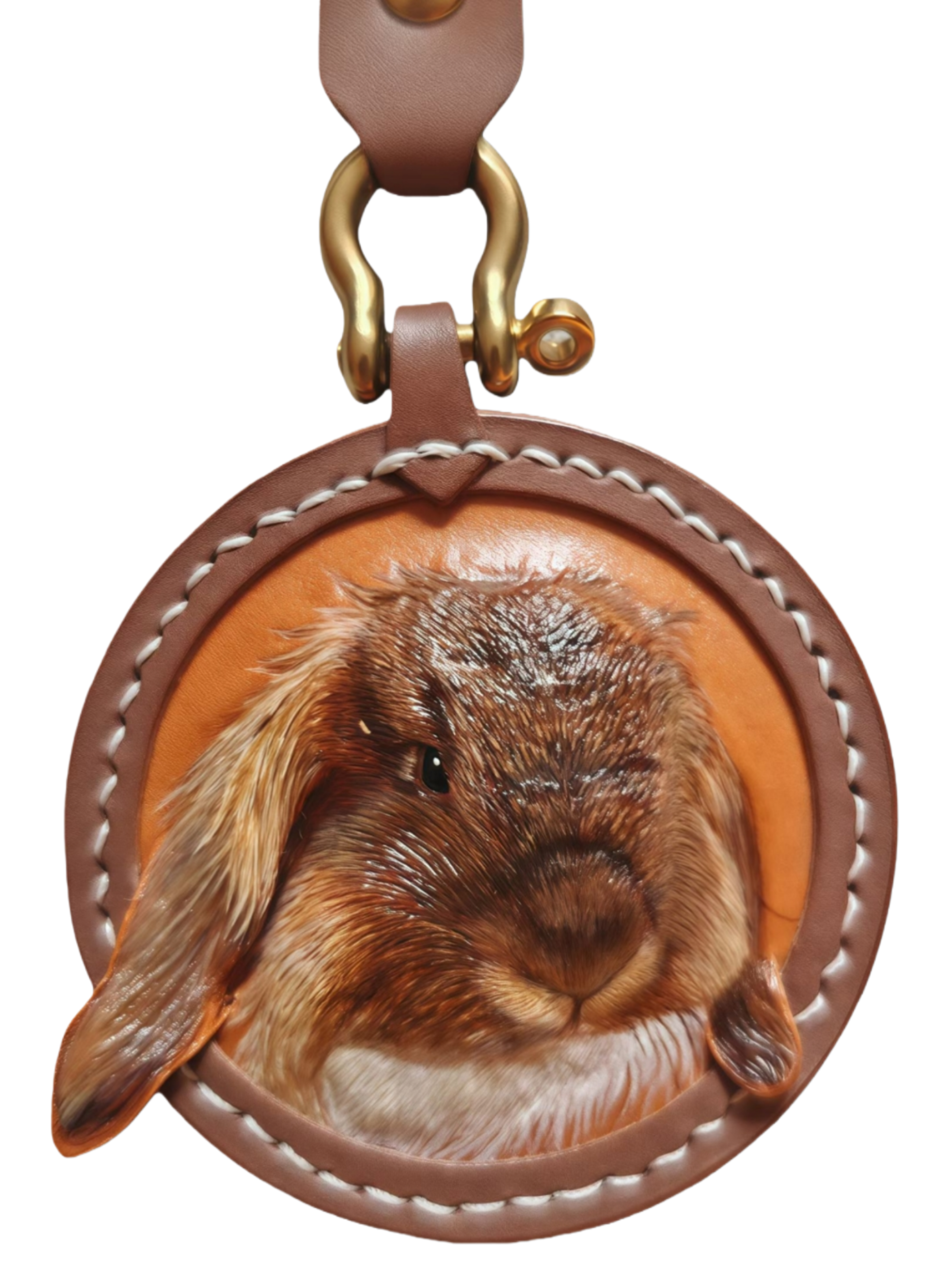 Custom-made luxury leather pet keepsakes and gifts featuring pet portraits, including cat and dog keychains.