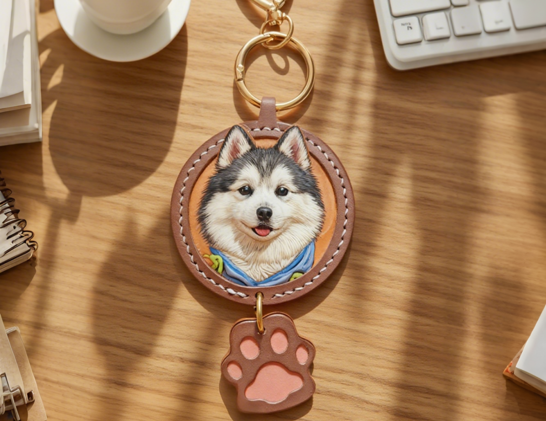 Custom-made luxury leather pet keepsakes and gifts featuring pet portraits, including cat and dog keychains.