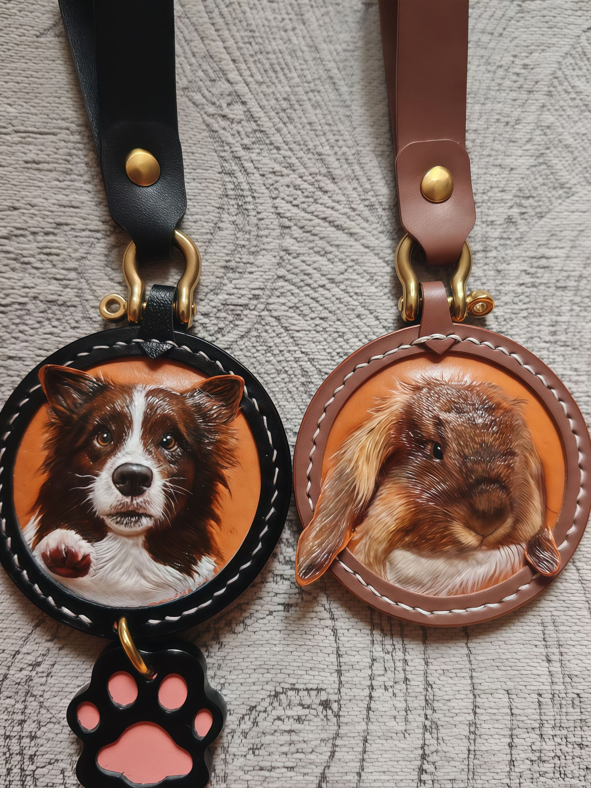 Custom-made luxury leather pet keepsakes and gifts featuring pet portraits, including cat and dog keychains.