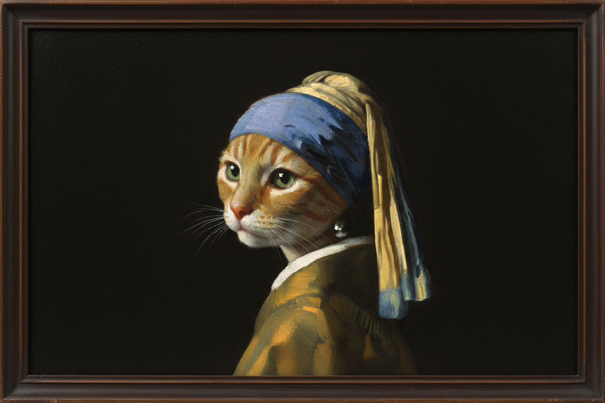 以带珍珠耳环的少女为例生成一张头部为橘猫的照片