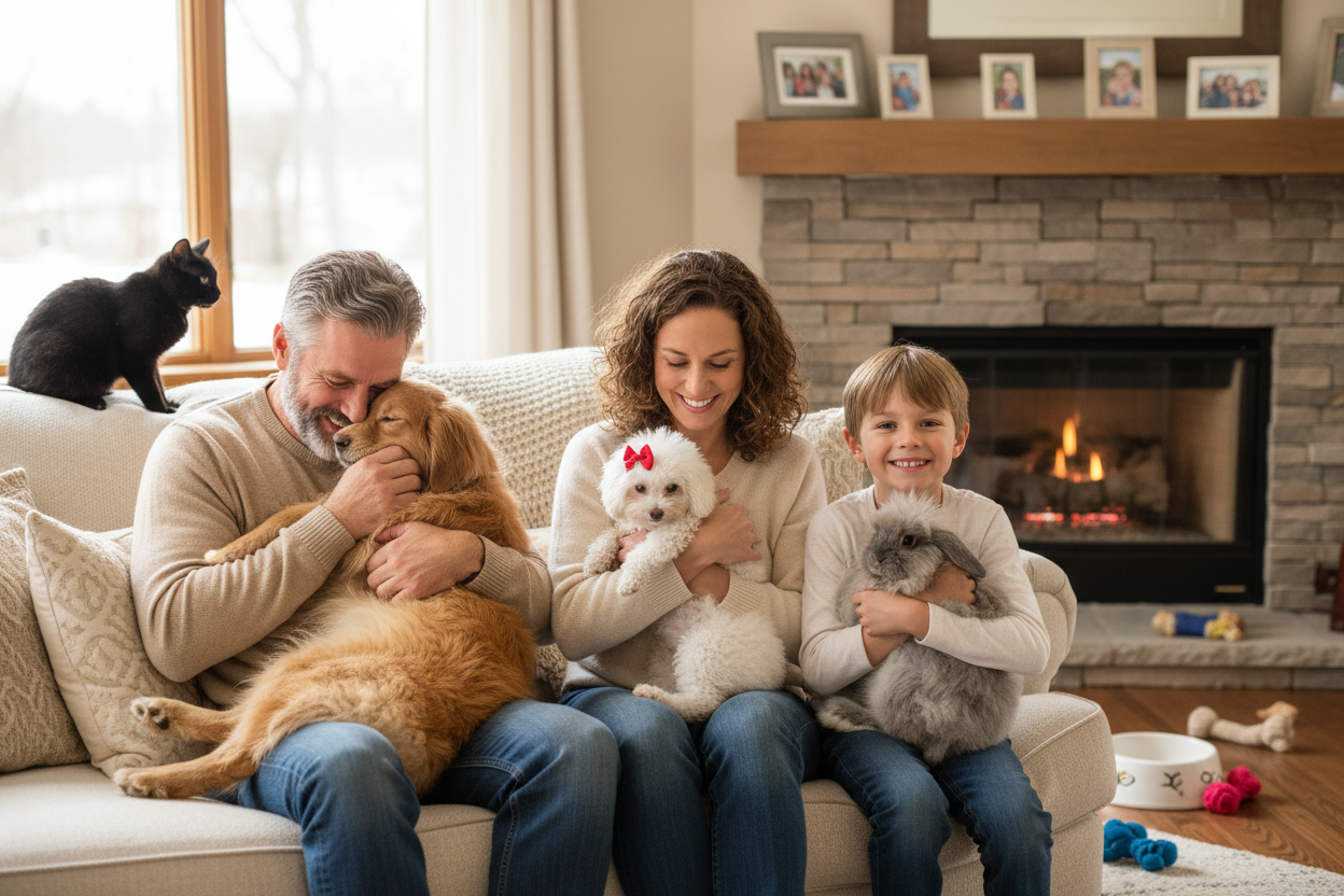 以全家福为例生成一张怀抱宠物的照片