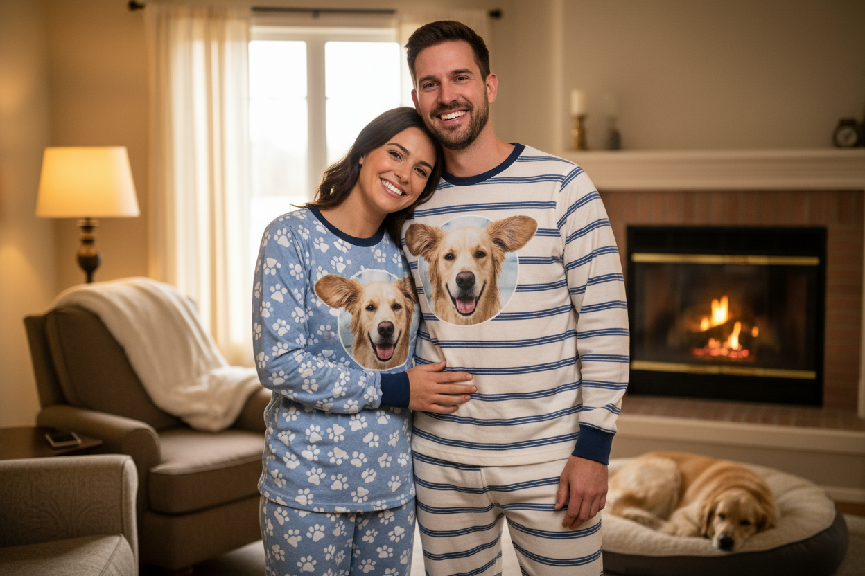 一对情侣身穿睡衣，睡衣上印有自己家宠物的头像